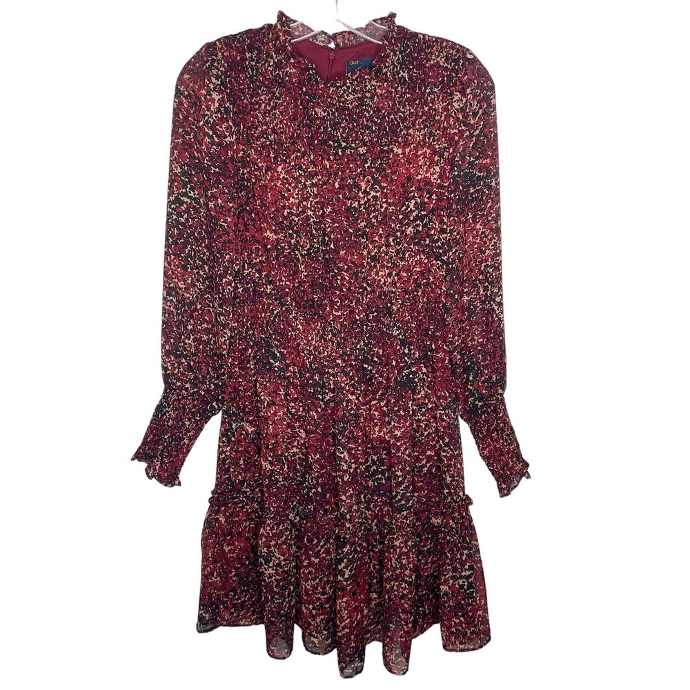Just Taylor Burgundy Abstract Floral Chiffon Smocked Ruffle Mini Dress Size 2